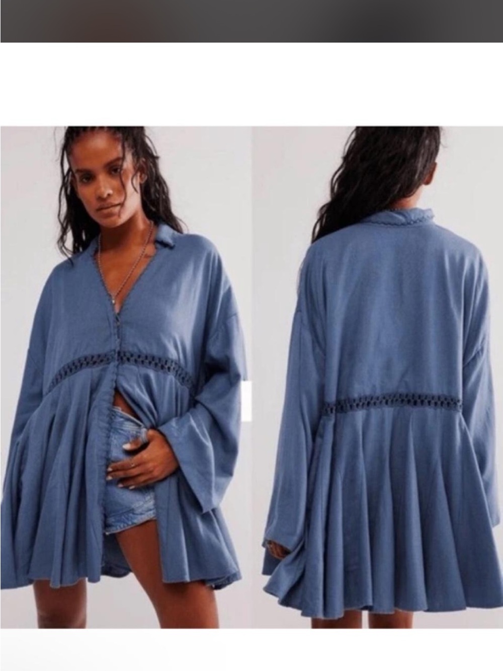 Free People Dusty Blue Lace-Trim Babydoll Top